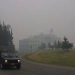 The Akasofu Building on the University of Alaska Fairbanks campus is bathed in smoke during the dramatic summer of 2004. Photo by Ned Rozell.