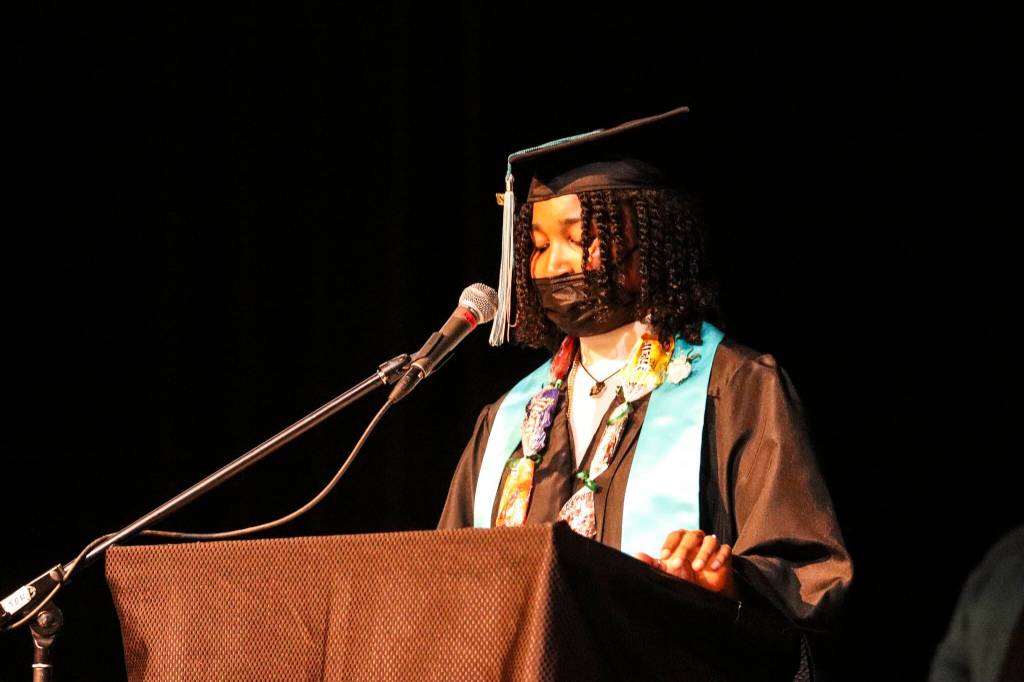 Michael S. Lockett / Juneau Empire 
Sekoia Prince addresses her class at Yaakoosgé Daakahídi High Schools graduation ceremony on Sunday as they prepare to flip their tassels, signifying their graduation.
