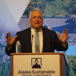 Yereth Rosen/Alaska Beacon 
Bill Ritter, former governor of Colorado and founder of the Center for the New Energy Economy at Colorado State University, promotes bipartisanship in his opening address on May 24 at the Alaska Sustainable Energy Conference.