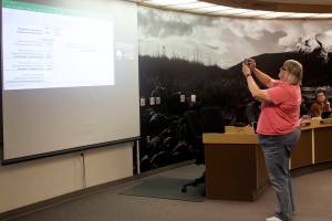 Juneau Mayor Beth Weldon takes a photo of an interactive spreadsheet showing how adjusting sales tax and property tax rates can compensate for revenue lost if food is exempt from local sales taxes during a meeting of the Juneau Assemblys Finance Committee on Wednesday. The committee rejected putting several variations of the food tax exemption on the fall municipal ballot, instead suggesting they may favor an advisory vote on the issue. (Mark Sabbatini / Juneau Empire)