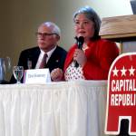 Republican Tara Sweeney, right, speaks Monday, May 16, 2022, at a forum in Juneau, Alaska, that was also attended by three other Republican candidates for Alaskas U.S. House seat, including John Coghill, left. Sweeney and Coghill are among 48 candidates in a June 11 special primary for the House seat left vacant by the death earlier this year of Republican Rep. Don Young. (AP Photo / Becky Bohrer)