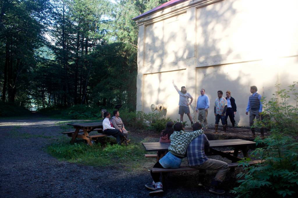 Theater Alaska actors rehearse for the outdoor production of A Midsummer Nights Dream at the Treadwell Office Mine on Tuesday. Flordelino Lagundino, the plays producing artistic director, said the restored historic structure offers plenty of variety to stage the scenes of the classic play focusing on irrational romanticism. (Mark Sabbatini / Juneau Empire)
