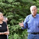 Former Gov. Bill Walker, right, and his running mate former commissioner of the Department of Labor and Workforce Development Heidi Drygas, speak to Juneauites gathered for a fundraiser at a private home in Juneau on Tuesday, June 7, 2022. (Peter Segall / Juneau Empire)