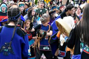 Hundreds of regalia-clad dancers lined Willoughby Avenue behind Centennial Hall on Wednesday, June 8, 2022, in preparation for Celebration 2022's grand procession through the hall. (Peter Segall / Juneau Empire)