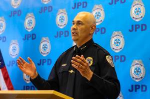 Juneau Police Department Chief Ed Mercer speaks during a department event on June 9, 2022. The department has made three major drug busts in the last week, seizing illegal drugs valued at more than $300,000 locally. (Michael S. Lockett / Juneau Empire)
Juneau Police Department Chief Ed Mercer speaks during a department event on June 9, 2022. The department has made three major drug busts in the last week, seizing illegal drugs valued at more than $300,000 locally. (Michael S. Lockett / Juneau Empire)