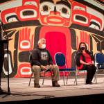 Ricardo Worl, left, congratulates 2022 Celebration traditional food contest winners Mike Allard (seaweed), Sharon Olsen (seal oil) and Donna James (dried fish) at Centennial Hall on Thursday shortly after a secret judging at the Walter Soboleff Building(Mark Sabbatini / Juneau Empire)