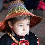Cedar Kinville-James, 5, gets ready for the Toddler Regalia Review at Centennial Hall on Friday, June 10, 2022. All the pieces of Cedars regalia were made by family members, her mother, Bambi Kinville-James said. (Peter Segall / Juneau Empire)