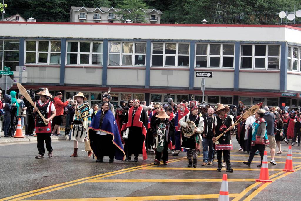 Alaska Natives pass Juneaus City Hall during the Celebration parade on Saturday. (Mark Sabbatini / Juneau Empire)
