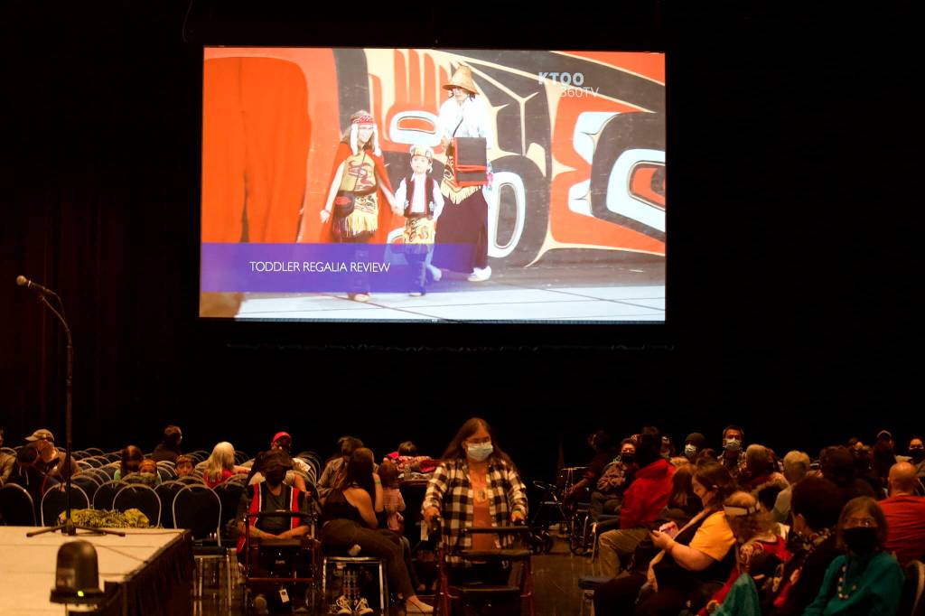 A toddler regalia review from a recent Celebration, among the events added to the landmark Alaska Native event in modern times, is shown during the premier screening of the documentary Celebration at Centennial Hall on Saturday. The film commemorates and features the 40-year anniversary of the gathering. (Mark Sabbatini / Juneau Empire)