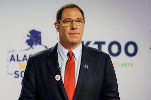 FILE - Al Gross is seen during a debate on Oct. 23, 2020, in Anchorage, Alaska.  Gross, an independent running for Alaska's only U.S. House seat, said late Monday, June 20, 2022, that he is ending his campaign. (Jeff Chen / Alaska Public Media)