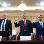 Rusty Bowers, Arizona state House Speaker, from left, Brad Raffensperger, Georgia Secretary of State, and Gabe Sterling, Georgia Deputy Secretary of State, are sworn in to testify as the House select committee investigating the Jan. 6 attack on the U.S. Capitol continues to reveal its findings of a year-long investigation, at the Capitol in Washington, Tuesday, June 21, 2022. (AP Photo/Jacquelyn Martin)