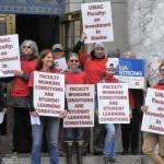 Peter Segall / Juneau Empire
Members of United Academics - American Association of University Professors/American Federation of Teachers Local 4996 gathered Wednesday on the steps of the Alaska State Capitol to call on University of Alaska officials to agree to a negotiated contract. Faculty at the university havent seen a substantial pay increase in six years, but UA officials say there isnt money for what the union is asking.
