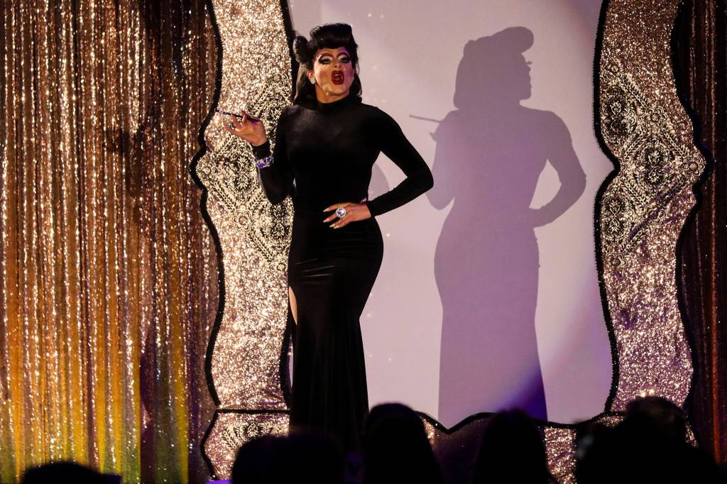 Gigi Monroe performs a set based on Mommy Dearest during Glitz, a major annual drag event celebrated every Pride Month, at Centennial Hall on June 18, 2022. (Michael S. Lockett / Juneau Empire)