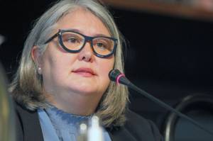 Tara Sweeney, a Republican seeking the sole U.S. House seat in Alaska, speaks during a forum for candidates, May 12, 2022, in Anchorage, Alaska. Sweeneys campaign manager said, Wednesday, June 22, 2022, that the campaign did not plan to sue over a finding released by Alaska elections officials stating that she cannot advance to the special election for U.S. House following the withdrawal of another candidate. (AP Photo/ Mark Thiessen)