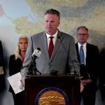 Gov. Mike Dunleavy speaks during a Tuesday afternoon news conference in Anchorage announcing the singing of the state budget for the upcoming fiscal year. (Screenshot)