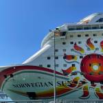 The Norwegian Sun sat moored in Juneau on Monday after striking striking ice Saturday afternoon near Yakutat Bay on its way to Skagway. (Michael S. Lockett / Juneau Empire)