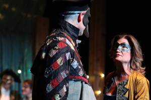 Ben Hohenstatt / Capital City Weekly 
A masked Benedick (Aaron Elmore) and Beatrice (Katie Jensen) exchange repartee during dress rehearsal for Theatre in the Roughs production of Much Ado About Nothing.