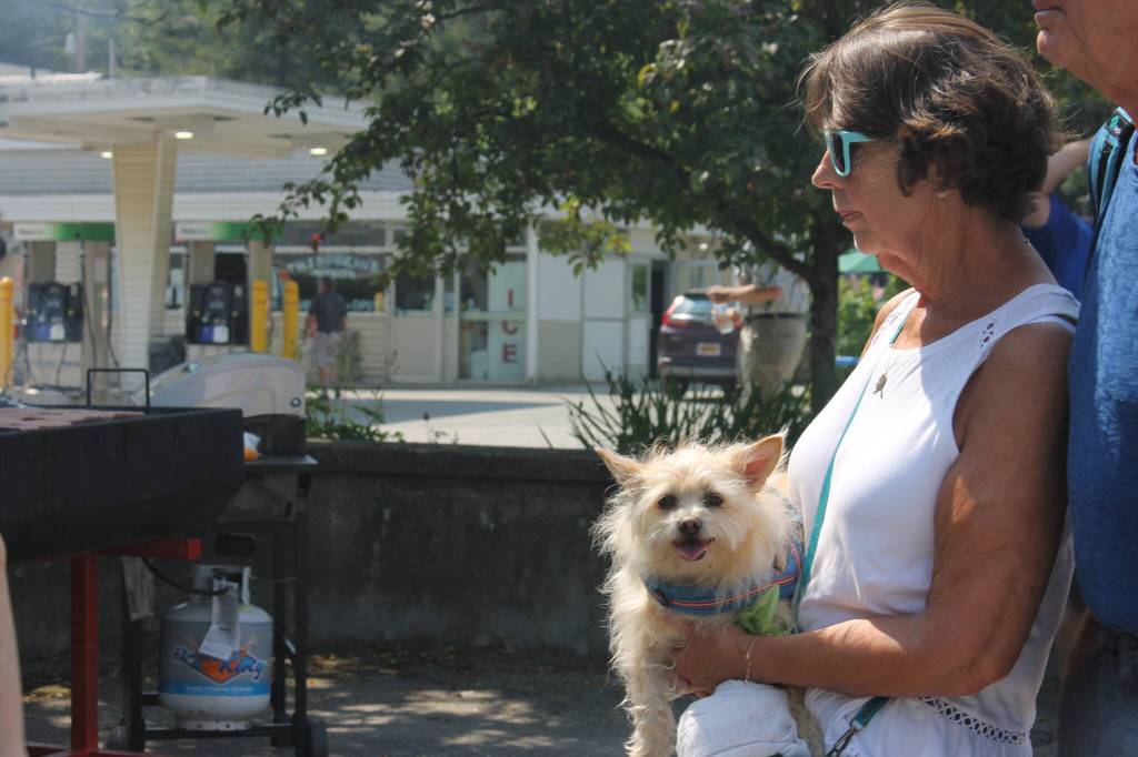 Finn the dog patiently waits in the burger and hotdog line at the Douglas Fire Hall with his ownersDenny and Linda Wahto. The event raises funds to help the Douglas Volunteer Fire District send crew members to conferences and training along with other events, said Meg Thordarson, a volunteer firefighter and EMT who is in charge of the event. (Clarise Larson / Juneau Empire)