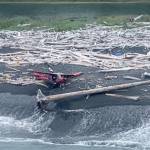 A P-18 Super Cub aircraft and two people on shore at Montague Island, Alaska, after the plane crashed July 6, 2022. (U.S. Coast Guard / Lt. Cmdr. Josh Wofford)