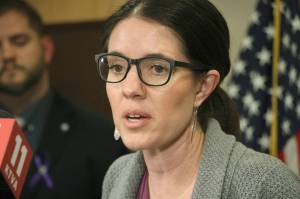 In this March 12, 2020 file photo, Dr. Anne Zink, Alaskas chief medical officer, addresses reporters at a news conference in Anchorage, (AP Photo/Mark Thiessen File)