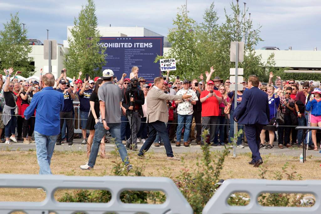 Mike Lindell, a pillow and political celebrity, greets an enthusiastic crowd outside the Alaska Airlines Arena a few hours before the afternoons Safe America Rally. (Mark Sabbatini / Juneau Empire)