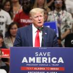 Former President Donald Trump speaks Saturday afternoon to a capacity crowd of about 5,000 people at the Alaska Airlines Center in Anchorage. (Mark Sabbatini / Juneau Empire)