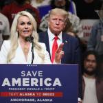Kelly Tshibaka, former Alaska Department of Administration commissioner and current U.S. Senate candidate, joined former President Donald Trump at a Save America rally held Saturday in Anchorage. Tshibaka was one of two Republican congressional candidates to join Trump. (Mark Sabbatini / Juneau Empire)
