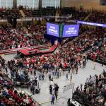 Rally-goers stream into the Alaska Airlines Center Saturday afternoon. By the time former President Donald Trump took the stage shortly before 5 p.m., the arena was full. (Mark Sabbatini / Juneau Empire)