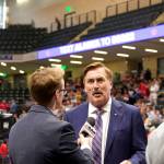 Mike Lindell, a political and political celebrity, gives an exclusive interview to OAN after somehow climbing onto the media riser inside the Alaska Airlines Center just before the start of Saturdays rally. (Mark Sabbatini / Juneau Empire)