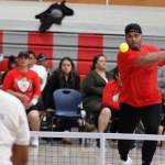 Stephen Paea sends a pickleball over the net Saturday at Floyd Dryden Middle School. Paea and wife, Vika Toetuu Paea, claimed the top spot in the tournaments advanced mixed division. (Ben Hohenstatt / Juneau Empire)