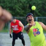 Courtesy Photo / Deb Baker 
Silver Maake of Joes Team Sucks lobs a pitch toward the plate while a member of The Tribe prepares to take off from second base.