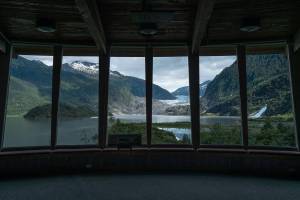 Source: Amber Chapin, Michael Penn 
An artistic rendering of the Mendenhall Glacier Visitor Center in 2040 shows the glacier will barely be visible by 2050 based on a mid-range thinning rate scenario, according to a Juneau-specific climate change study published Monday.
