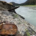 Rusted oil barrels are visible on the riverbank of the Eagle River as erosion exposes more debris from roadbuilding infrastructure buried decades. (Michael S. Lockett / Juneau Empire)