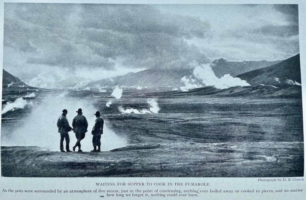 Explorers of the Valley of 10,000 Smokes after its eruption in 1912 stand at a campsite above the valley floor. (L.G. Folsom, from the book The Valley of 10,000 Smokes by Robert Griggs)