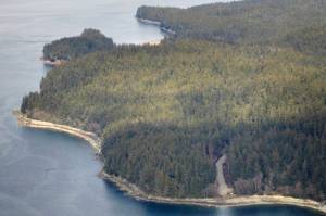 A picture showing the Juneau road system ending at Cascade Point in Berners Bay in May 2006. The area from Echo Cove to Cascade Point is owned by Gold Belt Inc.,an Alaska Native corporation,  (Michael Penn / Juneau Empire File)