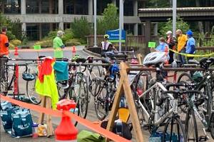 Bikes sit in a line waiting for racers at the 2021 Aukeman Triathalon. (Courtesy /Jean Butler)
