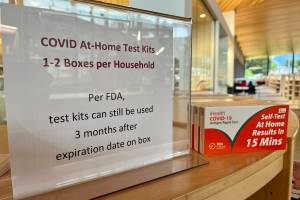 Jonson Kuhn / Juneau Empire
Since the closing of Capstone Clinics throughout the state, rapid antigen self-tests have become more popular and available as featured in this photo at the Mendenhall Valley Public Library.