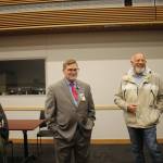 Bartlett Regional Hospital's CEO finalist Jeffery Hudson-Covolo (left-center) chats with community members and members of the BRH Board of Directors at his public meet and greet for the potential position. (Clarise Larson / Juneau Empire)