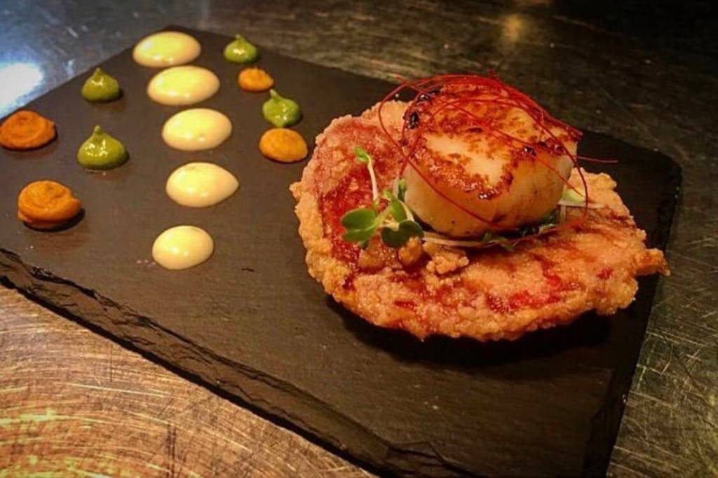 Prepared by Chef Enciso, Alaskan scallop with gin tempura watermelon radish at the Jorgenson House. (Courtesy photo / Brava Food)
