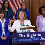 Speaker of the House Nancy Pelosi, D-Calif., makes a point during an event with Democratic women House members and advocates for reproductive freedom ahead of the vote on the Right to Contraception Act, at the Capitol in Washington, Wednesday, July 20, 2022. She is flanked by Rep. Kathy Manning, D-N.C., and Rep. Lauren Underwood, D-Ill. Democrats are pushing legislation through the House that would inscribe the right to use contraceptives into law. (AP Photo/J. Scott Applewhite)