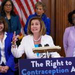 Speaker of the House Nancy Pelosi, D-Calif., makes a point during an event with Democratic women House members and advocates for reproductive freedom ahead of the vote on the Right to Contraception Act, at the Capitol in Washington, Wednesday, July 20, 2022. She is flanked by Rep. Kathy Manning, D-N.C., and Rep. Lauren Underwood, D-Ill. Democrats are pushing legislation through the House that would inscribe the right to use contraceptives into law. (AP Photo/J. Scott Applewhite)