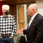 David Keith, right, chats with Bartlett Regional Hospital Board Member Hal Geiger during a meet-and-greet Friday at the Andrew P. Kashevaroff Alaska State Library, Archives and Museum. Keith, an Oklahoma hospital leader who spent eight years at medical centers in Anchorage as during his three-decade career in health care, was publicly named the new chief executive officer at Bartlett on Monday. (Mark Sabbatini / Juneau Empire)