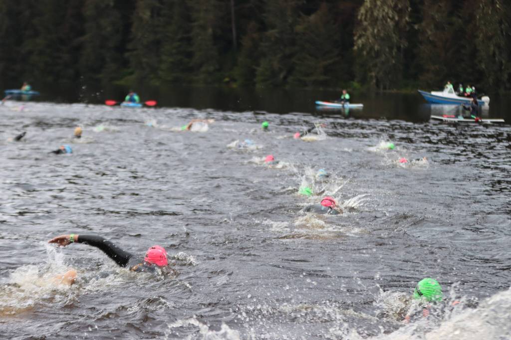 Swimmers quickly work their way away from shore during Ironman Alaska. (Ben Hohenstatt / Juneau Empire)
Swimmers quickly work their way away from shore during Ironman Alaska. (Ben Hohenstatt / Juneau Empire)