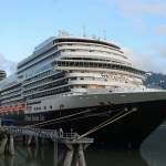 This photo shows the Holland America Line cruise ship Koningsdam in Juneau on Monday night. Hours later, the U.S. Coast Guard was notified a crew member had gone overboard near Juneau. (Clarise Larson / Juneau Empire)