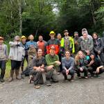 Crew from the Southeast Alaska Watershed Coalition, the Klawock Indigenous Stewards Forest Partnership, Keex Kwáan, and the Alaska Youth Stewards all helped with projects restoring fish habitat and stream structure at Seven Mile Creek, Klawock Heenya property just outside Klawock Lake. The areas old growth was clearcut logged in 1987. (Courtesy Photos / Mary Catharine Martin)