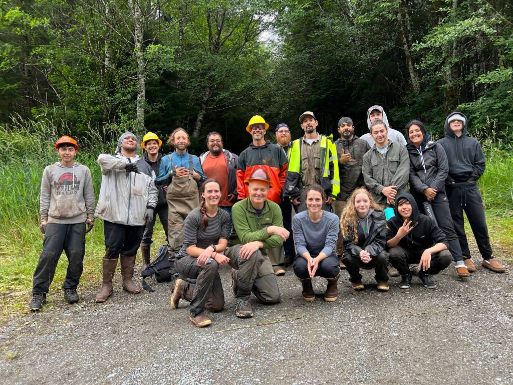 Crew from the Southeast Alaska Watershed Coalition, the Klawock Indigenous Stewards Forest Partnership, Keex Kwáan, and the Alaska Youth Stewards all helped with projects restoring fish habitat and stream structure at Seven Mile Creek, Klawock Heenya property just outside Klawock Lake. The areas old growth was clearcut logged in 1987. (Courtesy Photos / Mary Catharine Martin)