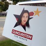 U.S. Senate candidate Shoshana Gungurstein stars in a campaign sign within view of the Alaska governors mansion. Gungurstein, an independent, got exposure this week for being a Hollywood actress under a different last name after questions about her past went unanswered throughout the campaign. She is one of 19 candidates seeking to be among the four selected in next Tuesdays primary to compete in the November general election. (Mark Sabbatini / Juneau Empire)
