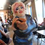 This July 28, 2022, photo shows drag queen Dela Rosa performing in a mock election at Cafecito Bonito in Anchorage, Alaska where, people ranked the performances by drag performers. Several organizations are using different methods to teach Alaskans about ranked choice voting, which will be used in the upcoming special U.S. House election. (AP Photo / Mark Thiessen)