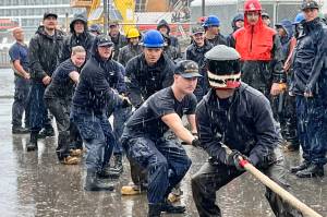 Team Elm faces off against Team Cypress in a battle of tug of war during the Coast Guards annual Buoy Tender Olympics on Wednesday at the Coast Guard Station Juneau. (Jonson Kuhn / Juneau Empire)