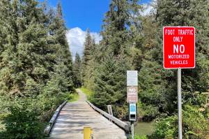 The Montana Creek Bridge is closed to all vehicle traffic following recent weather that has damaged the structure, according to the Department of Transportation and Public Facilities. (Michael S. Lockett / Juneau Empire)